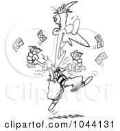 Poster, Art Print Of Cartoon Black And White Outline Design Of An Excited Businessman Holding Cash