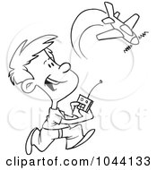 Cartoon Black And White Outline Design Of A Boy Playing With A Remote Control Airplane