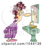 Cartoon Sleepy Woman With Curlers Staring At Herself In A Mirror