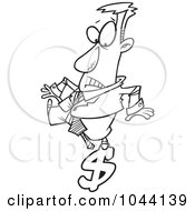 Poster, Art Print Of Cartoon Black And White Outline Design Of A Businessman Balancing On A Dollar Symbol