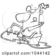 Royalty Free RF Clip Art Illustration Of A Cartoon Black And White Outline Design Of A Man Trying To Plug In A Cable