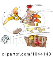 Cartoon Items Flying At A Rooster On A Fence