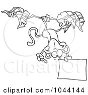 Poster, Art Print Of Cartoon Black And White Outline Design Of A Hanging Monkey Holding A Sign