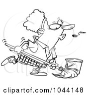 Poster, Art Print Of Cartoon Black And White Outline Design Of A Woman Whistling While Mopping