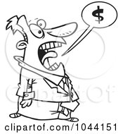 Royalty Free RF Clip Art Illustration Of A Cartoon Black And White Outline Design Of A Businessman Shouting About Money