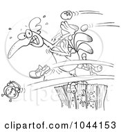 Poster, Art Print Of Cartoon Black And White Outline Design Of Items Flying At A Rooster On A Fence