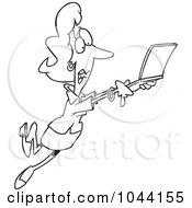 Poster, Art Print Of Cartoon Black And White Outline Design Of A Mobile Businesswoman Taking Off With Her Laptop