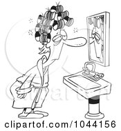 Cartoon Black And White Outline Design Of A Sleepy Woman With Curlers Staring At Herself In A Mirror