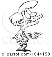 Royalty Free RF Clip Art Illustration Of A Cartoon Black And White Outline Design Of A Woman Stretching A Dollar by toonaday
