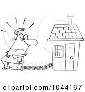 Poster, Art Print Of Cartoon Black And White Outline Design Of A Man Tied To A House With A Mortgage Chain