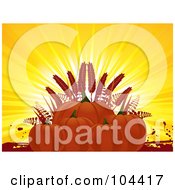 Poster, Art Print Of Group Of Pumpkins And Wheat Against Sun Rays