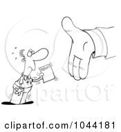 Royalty Free RF Clip Art Illustration Of A Cartoon Black And White Outline Design Of An Employee Handing A Report To A Big Hand