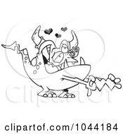 Royalty Free RF Clip Art Illustration Of A Cartoon Black And White Outline Design Of A Romantic Monster Holding Paper Hearts