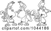 Royalty Free RF Clip Art Illustration Of A Cartoon Black And White Outline Design Of A Group Of Three Monkeys by toonaday