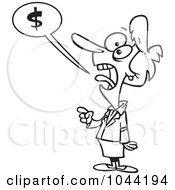 Royalty Free RF Clip Art Illustration Of A Cartoon Black And White Outline Design Of A Businesswoman Shouting About Money