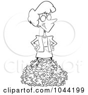 Royalty Free RF Clip Art Illustration Of A Cartoon Black And White Outline Design Of A Rich Businesswoman Standing On Cash