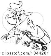 Poster, Art Print Of Cartoon Black And White Outline Design Of A Mother Running With A Pram
