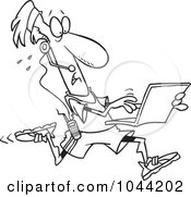 Poster, Art Print Of Cartoon Black And White Outline Design Of A Mobile Jogger Using A Laptop