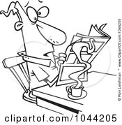 Poster, Art Print Of Cartoon Black And White Outline Design Of A Man Reading The News Over His Morning Coffee