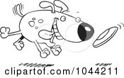 Poster, Art Print Of Cartoon Black And White Outline Design Of A Dog Fetching A Disc