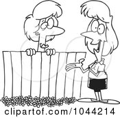 Poster, Art Print Of Cartoon Black And White Outline Design Of Lady Neighbors Chatting Over A Fence