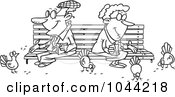 Cartoon Black And White Outline Design Of A Senior Couple Feeding Birds