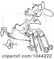 Poster, Art Print Of Cartoon Black And White Outline Design Of A Feisty Granny Running With A Walker