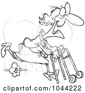 Royalty Free RF Clip Art Illustration Of A Cartoon Black And White Outline Design Of A Feisty Granny Running With A Walker