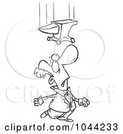Cartoon Black And White Outline Design Of A Man Looking Up At A Falling Anvil