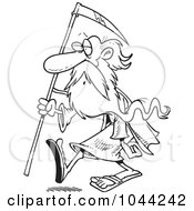Royalty Free RF Clip Art Illustration Of A Cartoon Black And White Outline Design Of Father Time Carrying A Scythe