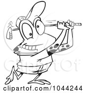Poster, Art Print Of Cartoon Black And White Outline Design Of A Frog Golfing