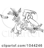Royalty Free RF Clip Art Illustration Of A Cartoon Black And White Outline Design Of A Man Trying To Fly With Feathers