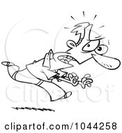 Poster, Art Print Of Cartoon Black And White Outline Design Of A Fearful Man Running