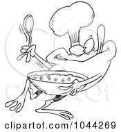 Royalty Free RF Clip Art Illustration Of A Cartoon Black And White Outline Design Of A Frog Chef Mixing Flies