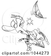 Poster, Art Print Of Cartoon Black And White Outline Design Of A Feather Knocking Out A Businessman