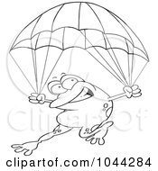 Poster, Art Print Of Cartoon Black And White Outline Design Of A Frog Parachuting