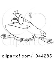 Royalty Free RF Clip Art Illustration Of A Cartoon Black And White Outline Design Of A King Frog Watching A Fly by toonaday