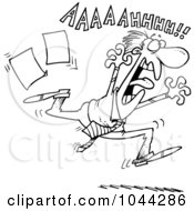 Poster, Art Print Of Cartoon Black And White Outline Design Of A Businessman Running In Fear