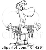 Royalty Free RF Clip Art Illustration Of A Cartoon Black And White Outline Design Of A Man Displaying Ties On His Arms by toonaday