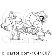 Royalty Free RF Clip Art Illustration Of A Cartoon Black And White Outline Design Of Two Men Roadside After A Fender Bender by toonaday
