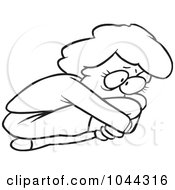 Royalty Free RF Clip Art Illustration Of A Cartoon Black And White Outline Design Of A Scared Woman Curled Up In A Fetal Position