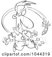 Royalty Free RF Clip Art Illustration Of A Cartoon Black And White Outline Design Of A Rocket Firework Going Through A Mans Belly by toonaday