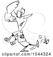 Royalty Free RF Clip Art Illustration Of A Cartoon Black And White Outline Design Of A Woman Wearing A 40 Shirt And Kicking 50