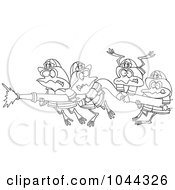 Royalty Free RF Clip Art Illustration Of A Cartoon Black And White Outline Design Of Fire Frogs Holding A Hose