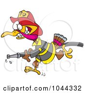 Poster, Art Print Of Cartoon Fire Fighter Turkey Carrying A Hose