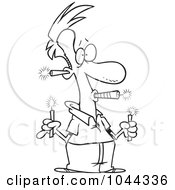 Royalty Free RF Clip Art Illustration Of A Cartoon Black And White Outline Design Of A Man Holding A Lot Of Fireworks