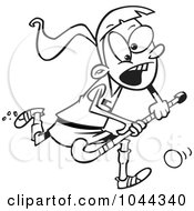 Royalty Free RF Clip Art Illustration Of A Cartoon Black And White Outline Design Of A Girl Playing Field Hockey