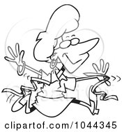 Royalty Free RF Clip Art Illustration Of A Cartoon Black And White Outline Design Of A Businesswoman Breaking Through A Finish Line Ribbon