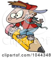 Poster, Art Print Of Cartoon School Boy Riding A Pencil