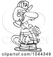 Poster, Art Print Of Cartoon Black And White Outline Design Of A Fire Fighter Carrying An Axe And Hose